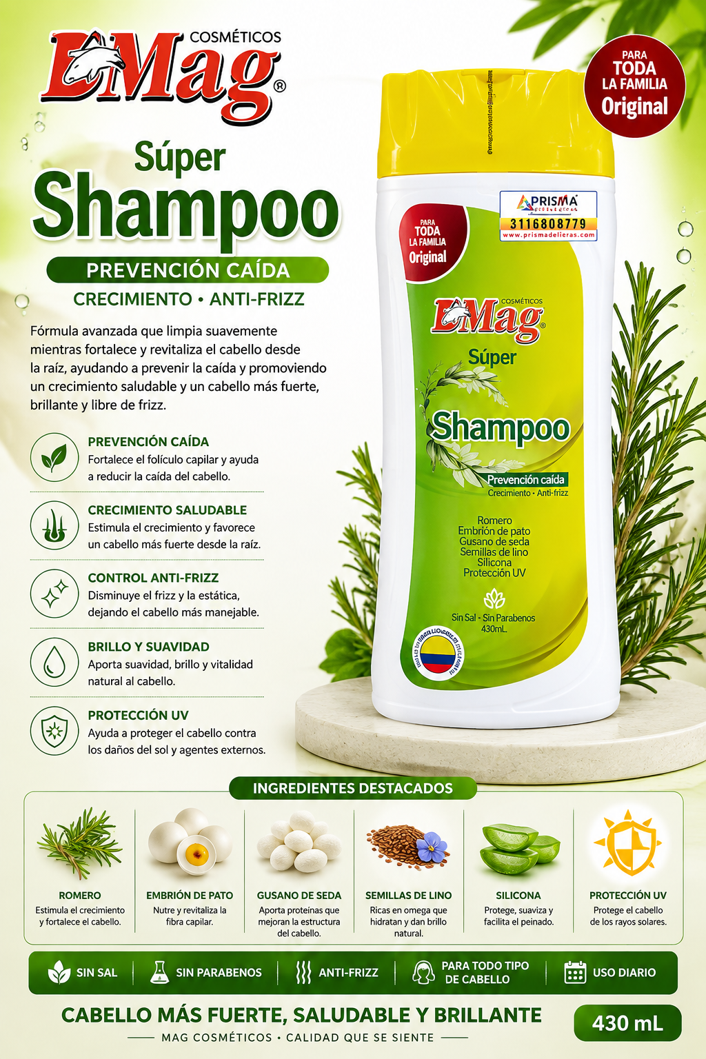 Shampoo prevención caída 430ml – D’mag cosméticos