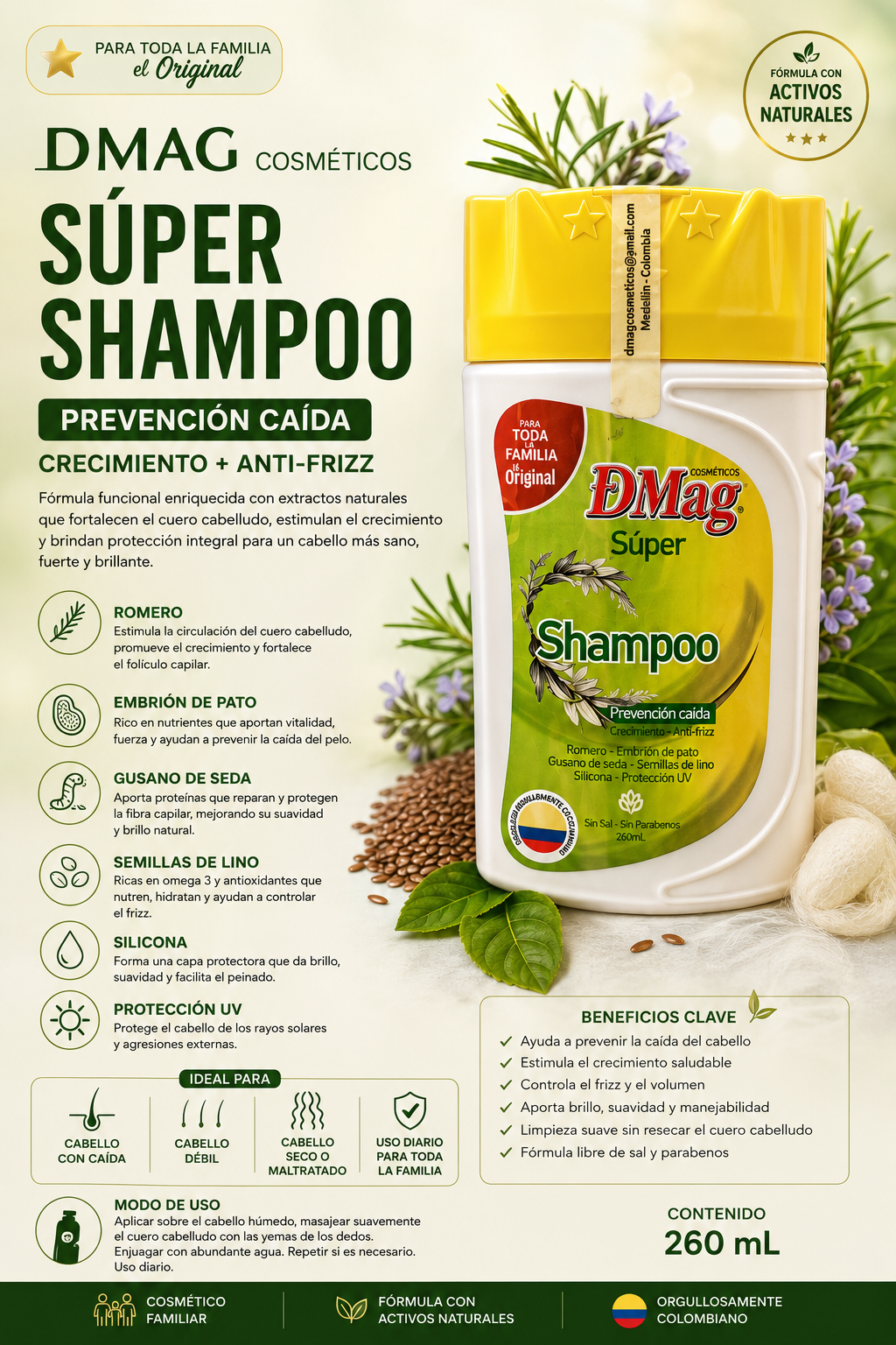 Shampoo prevención caída 260ml- D’mag cosméticos